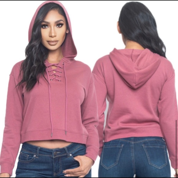 New! Sale 🎉SOFT! Lace Up Mauve Trendy Cropped Sweatshirt Hoodie warm - Picture 5 of 6